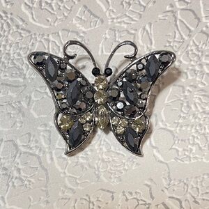 🖤 Rhinestone Butterfly Brooch Pin Gunmetal Black & Clear Crystal Statement